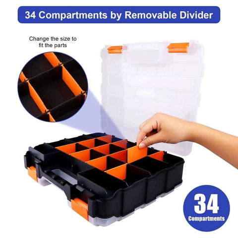 Double Sided Parts Organizer With Removable Dividers, 34 Compartment Storage Bins with clear lid and adjustable sections