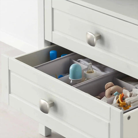 Brushed Satin Nickel Cabinet Knobs 10 Pack Square Design Zinc Hardware installed on a white dresser drawer, highlighting modern furniture upgrade.