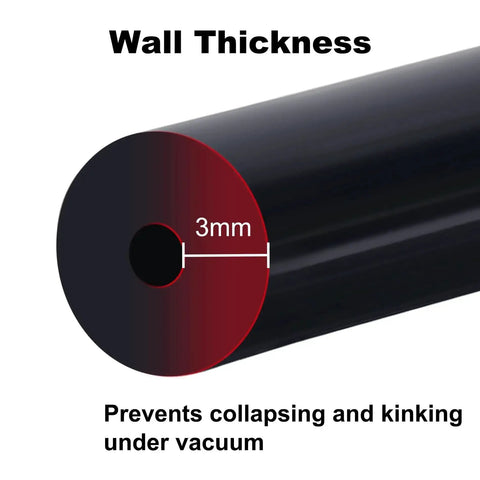 Close-up view of black silicone tubing showing 3mm wall thickness, part of the Go-To Heavy Duty Silicone Vacuum Tubing Kit Black 5 Ft 130 PSI Max.