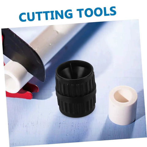 2 Pack Deburring Tool Inner And Outer Reamers For Water Pipes Portable Tubing Reamer shown with pipe and cutter