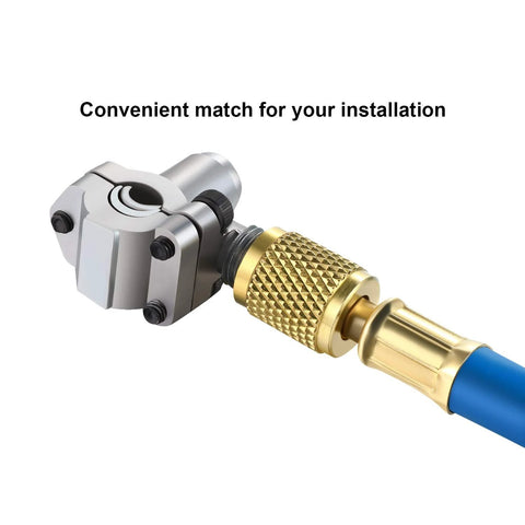 BPV31 piercing tap valve kit with brass connector on blue refrigerant hose; fits 1/4, 5/16, 3/8 in OD pipes