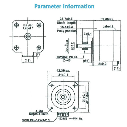 Technical drawing of Dope 42-40 Stepper Motor With Extruder Gear for 3D Printers, showing dimensions and specifications.