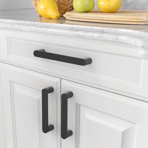 10 Pack 5 Inch Matte Black Cabinet Handles 128mm For Kitchen Cupboards And Drawers Cabinet Pulls Hardware shown on white cabinetry