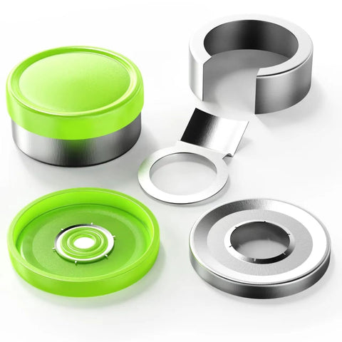 Sterile empty vial sealing kit with 20mm self-healing port and burr-free tear-off aluminum caps; green and silver components.