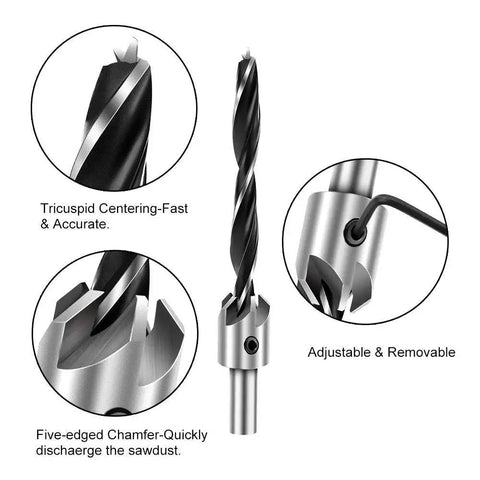 7 Piece Countersink Drill Bit Set For Wood High Speed Steel Bits With Centering Three Point Design And Five Edged Chamfer
