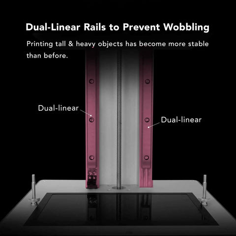 Close-up of Sonic Mighty 4K Resin 3D Printer dual-linear rails, enhancing stability for tabletop resin printer.