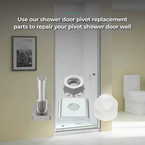 Shower Door Hinge Pin Kit With Pivot Bushing For Framed Swing Doors Replacement Parts displayed against a shower background.