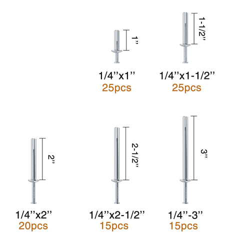Concrete Anchors Assortment Kit With 100 Pieces Hammer Drive Nails One Quarter Inch Diameter One To Three Inch Length Zinc Coated Masonry Anchors For Concrete Brick And Stone Indoor And Outdoor Use, showing size options.