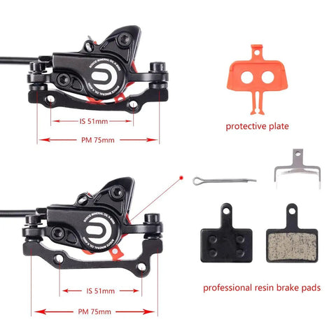 Meteorolite gold MTB hydraulic disc brake set; pair of aluminum calipers with IS/PM adapters, pads and mounting hardware