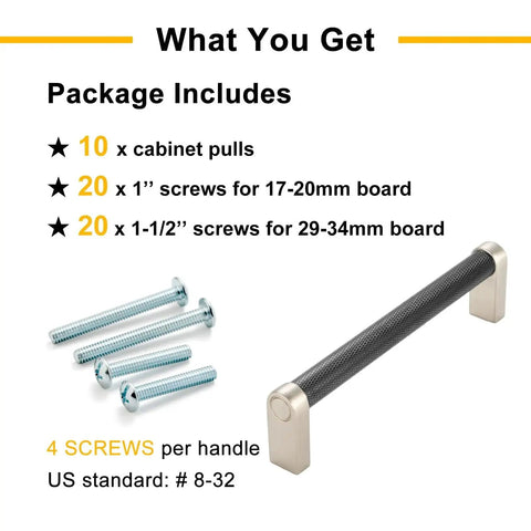 Black And Nickel Knurled Cabinet Pulls Three And Three Quarter Inch Hole Centers Solid Metal Handles Pack Of Ten with screws