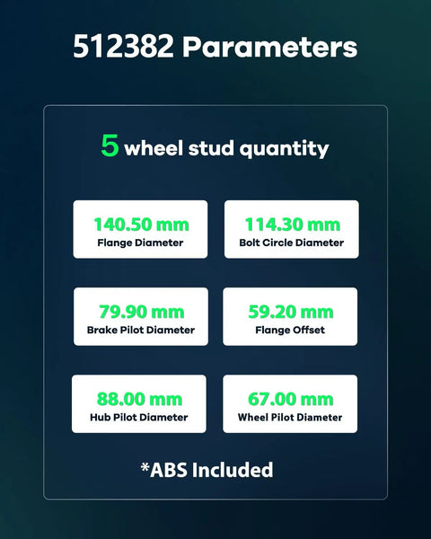 Specifications chart for Rear Wheel Hub Bearing Assembly 512382 For Mitsubishi Lancer 2008 2015 Outlander 2007 2012 And Outlander Sport 2011 2012 With ABS 5 Lug Beefed Up Heavy Duty Metal Build Induction Hardened Raceway Built To Last, showing dimensions and ABS included.