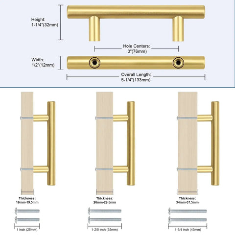 Diagram showing Set Of 30 3 Inch Center Hole Brushed Gold Cabinet Pulls Stainless Steel Rustproof Kitchen Cabinet Handles dimensions and screws