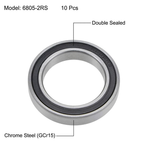 6805-2RS deep groove ball bearing, double sealed, chrome steel GCr15, 25mm ID x 37mm OD x 7mm bore