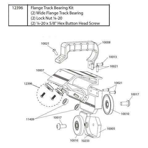 Technical diagram of Cut-Off Flange Track Bearing Repair Kit for siding brake tools with part numbers and assembly layout.