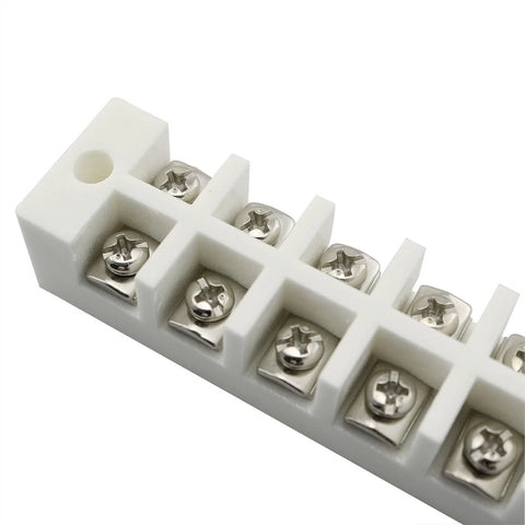 6-position porcelain terminal block with screw terminals, white ceramic body