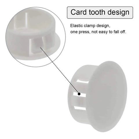 Close-up of 30 Pack White Plastic Hole Plugs 6mm Flush End Caps For 5.5 To 6mm Holes, showing card tooth design.