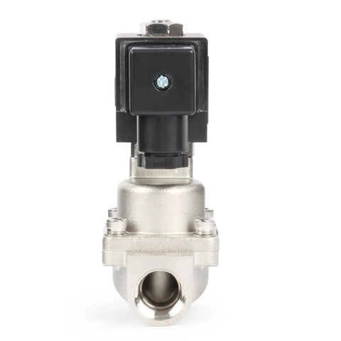 1/2 in high-temp solenoid valve, stainless steel body with black coil housing, front view.