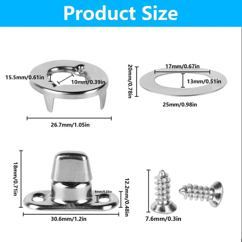 Marine Grade Nickel Plated Twist Lock And Turn Button Eyelets And Studs Kit for Boats RVs and Caravans product size dimensions.