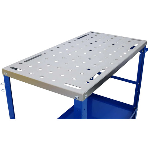 36x18 Inch Heavy Duty Welding Workbench On Wheels With 1200 Pound Load Capacity, Portable Steel Table with tool slots and tray, Blue.