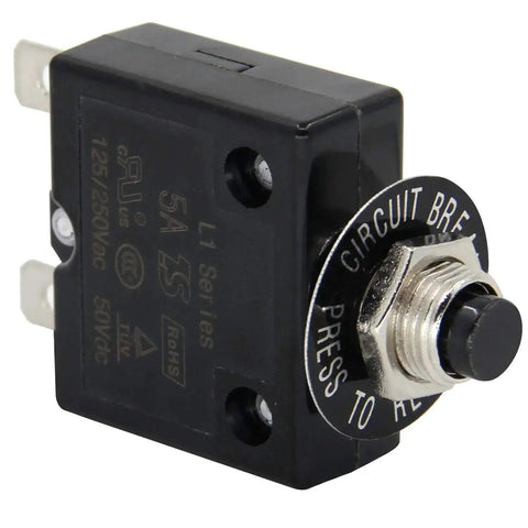Single Pole Push Button Circuit Breaker 125 To 250V AC 50V DC 5A Manual Reset Thermal Protector L1 Series, side view.