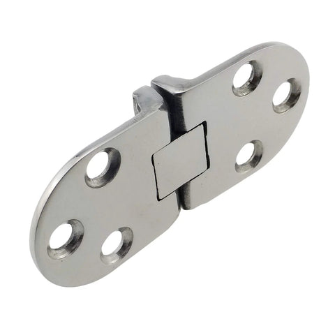 Door hinge, solid 316 stainless steel, mirror-polished marine grade, 66mm x 29mm.