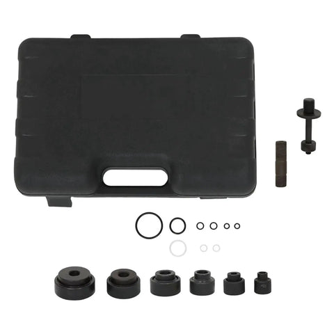 10 Ton Hydraulic Knockout Hole Punch Driver Kit with six dies, rugged drive bolts, and portable case for 1/2 to 2 inch conduit holes.