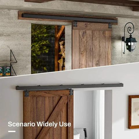 8 Ft Box Rail Sliding Barn Door Track Kit, Heavy Duty Aluminum Alloy Wall Mount, supports two wooden doors, installed view