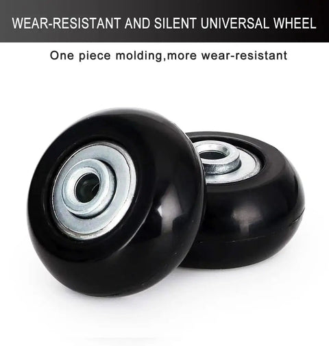 Close-up view of 50mm Luggage Replacement Wheels Set Of 4 For Suitcases, Silent PU Swivel Caster Wheels With 30mm And 35mm Axles, Black.