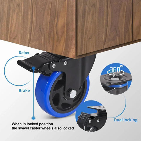 5 Inch Caster Wheels Set Of 4 Heavy Duty With Dual Locking Brakes and Quiet Polyurethane Foam Wheels attached to wooden furniture