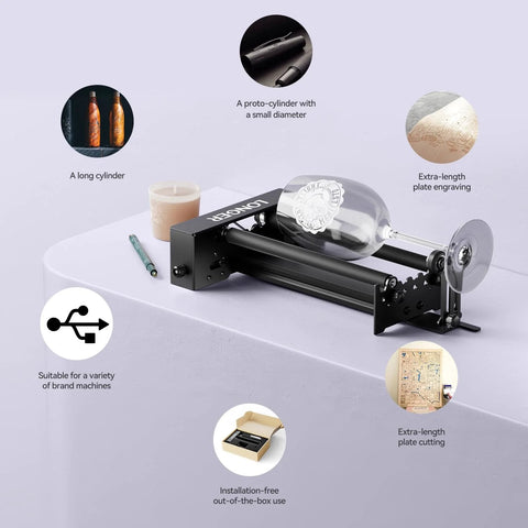 Ultimate Y Axis Rotary Roller For Laser Engravers With Bracket 360 Degree Spin showing a bottle engraving and features with diagram
