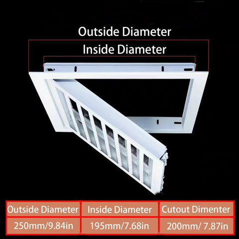Access Panel 8x8 inch, heavy-duty aluminum door with magnetic closure; outer 250mm, inner 195mm.