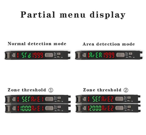 Fiber Optic Sensor Amplifier With HD LED Dual Digital Display settings menu for long distance optical switches and detection modes