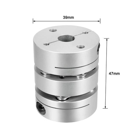 uxcell two-diaphragm clamp-tight motor shaft coupling, 10x19 mm, silver metal, front view