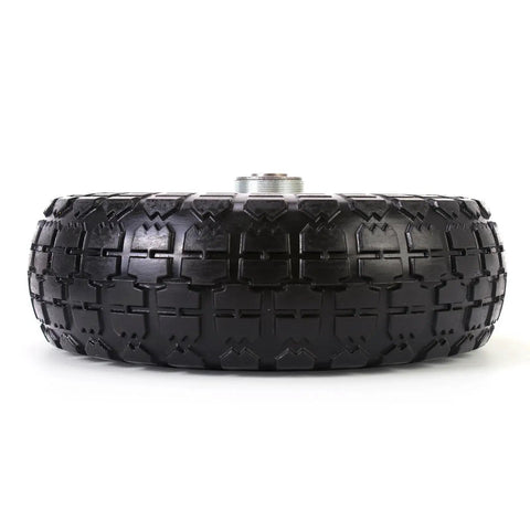 Side view of Two Pack 10 Inch Solid Polyurethane Tires For Garden Carts Hand Trucks Lawn Carts And Mowers with offset hub
