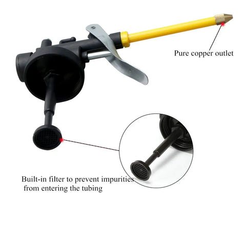 Durable Yellow Metal Oiler Can With Dual Spouts And Built In Pump 8oz 250ml 9 Inch Flexible Spout And 3 Inch Straight Nozzle Detachable Bendable Spout For Hard To Reach Areas Easy To Use Lubrication Tool For Automotive Machinery And Household Maintenance showing close-up of built-in filter and copper outlet.
