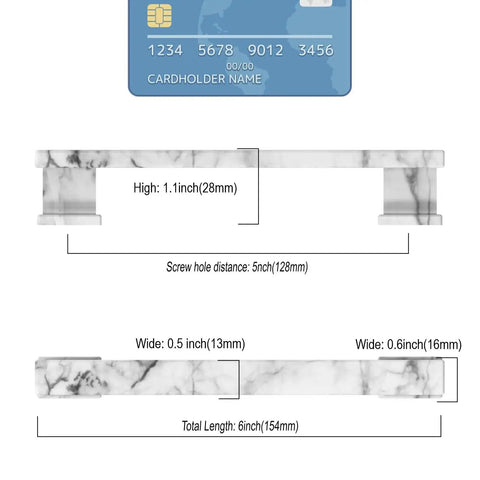 Diagram showing White Marble 5 Inch Cabinet Handles Set Of 10 Zinc Alloy Pulls dimensions next to credit card for scale.