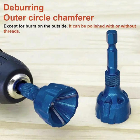 Deburring outer circle chamferer tool with drill attachment displayed on wooden surface