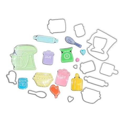 Silicone clear stamp and die set for card making and DIY embossing projects with colorful kitchen-themed TPR stamps and carbon steel dies.