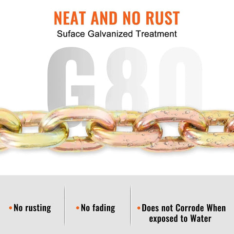 Three Eighth Inch 20 Ft G80 Transport Tow Chain With Grab Hooks 7100 Lbs Working Load Limit showing galvanized finish and no rust feature.