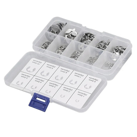 200Pcs E Clip Retaining Ring Kit With Storage Box In High Carbon Steel, showing organized compartments with various snap ring sizes
