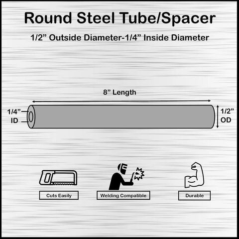 Round steel tube spacer, 1/2 in OD x 1/4 in ID, 8 in long, 2-pack