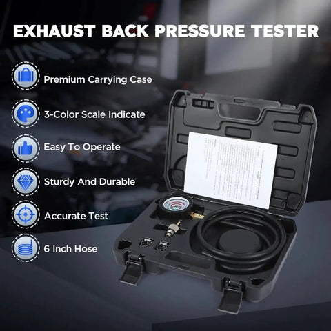 Back Pressure Exhaust Tester Kit With Carrying Case And 6 Foot Hose, featuring gauge and accessories in open case