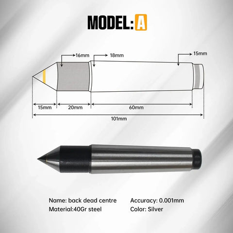 Diagram and photo of Model A back dead center, 40Gr steel, silver, showing dimensions for the 65mm MT2 Movable Tailstock Lathe Center.