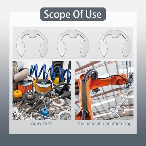 Image showing External Retaining Rings Set 120 Pcs Stainless Steel 304 E Clips Circlips Snap Rings in use for auto parts and machinery.