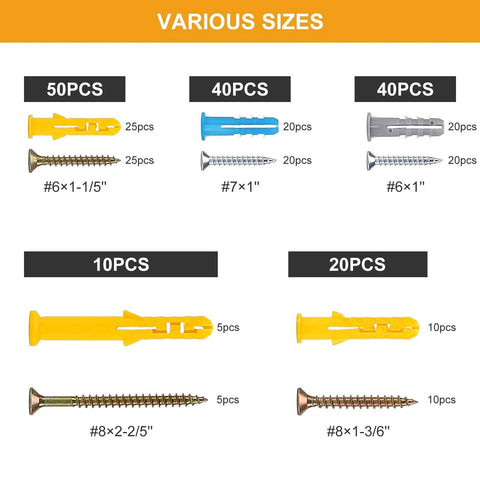 160Pcs Drywall Anchors And Screws Kit With Five Sizes, includes various plastic and metal anchors with galvanized screws