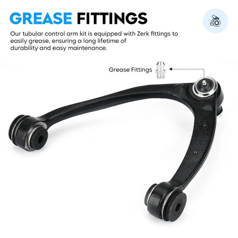 Front Upper Passenger Side Control Arm With Beefed-Up Ball Joint Assembly K80670 For Chevy Silverado 1500 2007 To 2016 and GMC Sierra, showing grease fittings and HD ball joint.