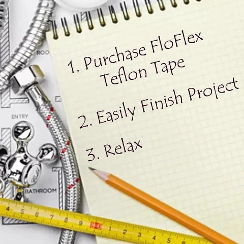 Notepad with plumbing diagram, tape measure, pencil, and title 'Purchase FloFlex Teflon Tape, Easily Finish Project, Relax'