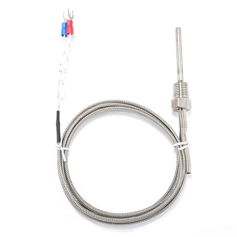 K-type grounded waterproof thermocouple with stainless braided sheath, 1/4 in NPT probe, 0–500°C, two-wire lead