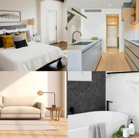 Interior design collage featuring a modern bedroom, kitchen, living room, and bathroom with contemporary decor.