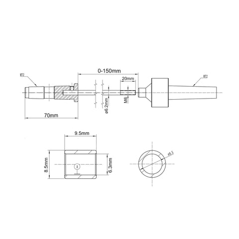Technical drawing of Pen Mandrel Kit MT2 For Woodturning With 5 Bushings And 7mm Drill Bit Live Mandrel Saver dimensions
